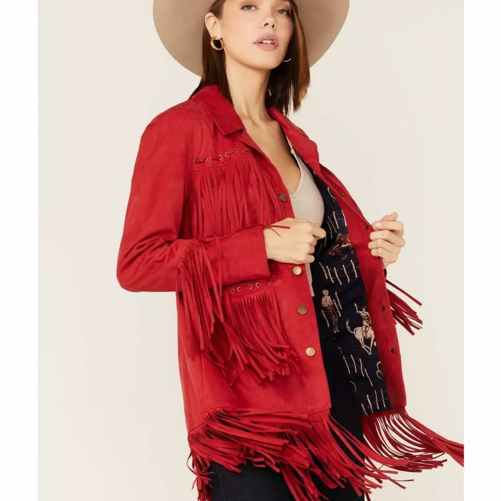 Red Micro Suede Fringe Snap Women's Jacket Size Medium